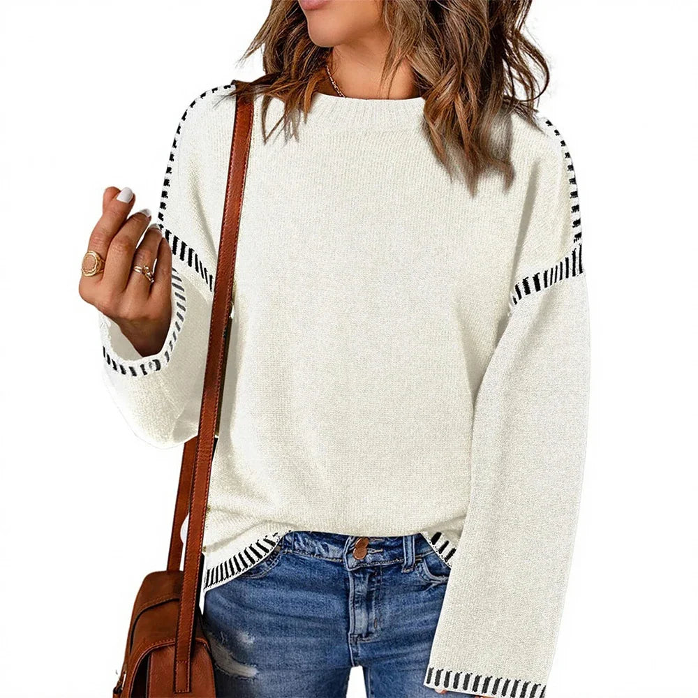 Women's Sweaters Autumn Winter 2025 Comfortable Daily Dark Stripe Design Long Sleeve Round Neck Relaxed Fit Top