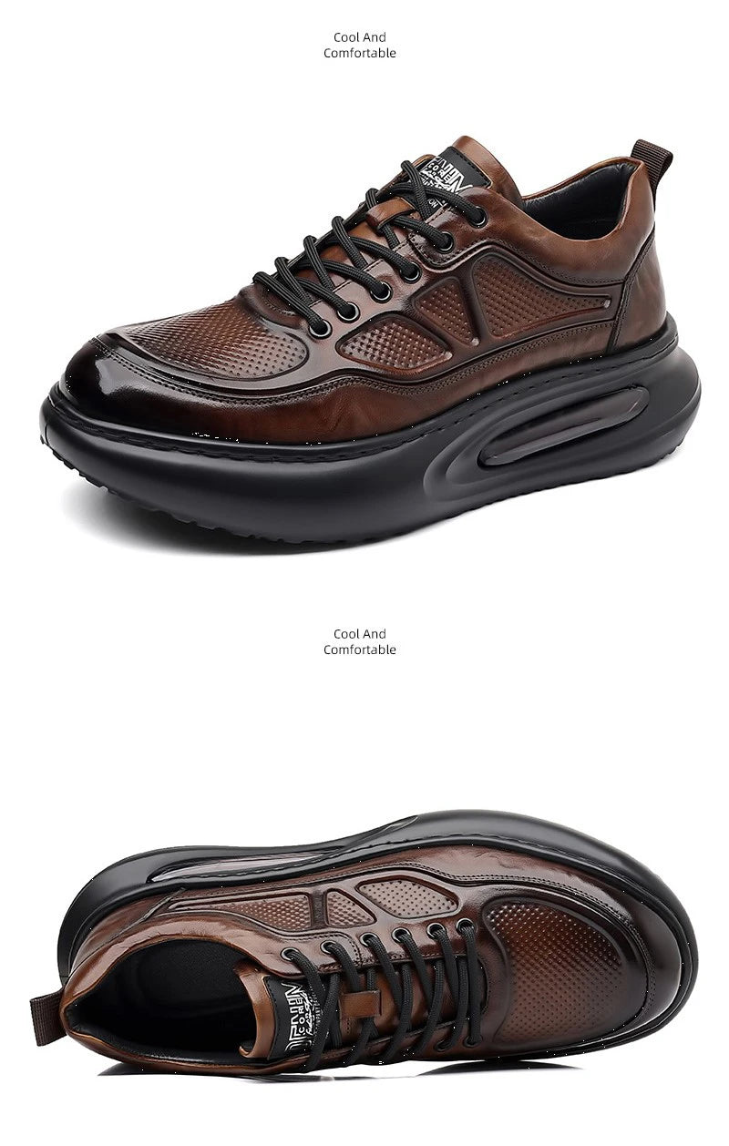 Genuine Leather Shoes Men Trendy Athletic Casual Walking Business Office Air Cushion Sneaker Sports Lightweight Streetwear Brown
