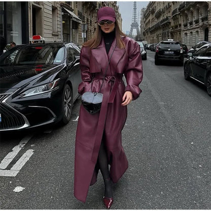 Fashion PU Leather Long Overcoats With Belt Women Luxury Lapel Button Oversize Jackets Female 2025 Autumn High Street Outerwear