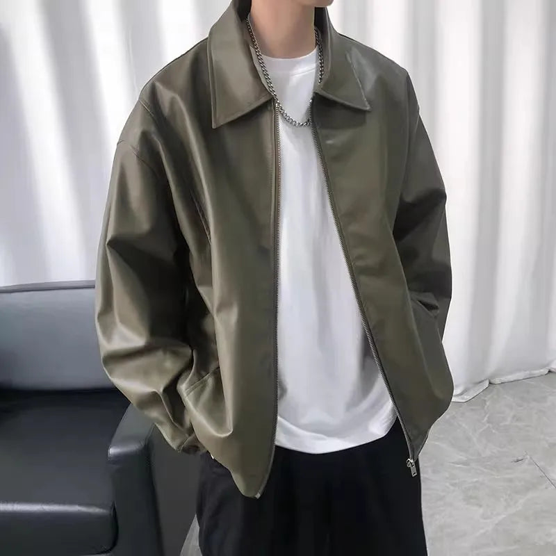 Leather Jacket For Men Solid Casual Turn Down Collar Pu Leather Motorcycles Jackets Autumn Male Loose Vintage Moto Biker Coats