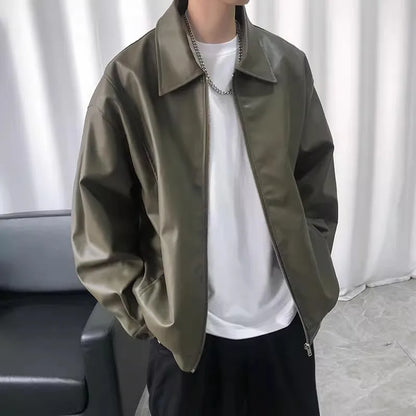 Leather Jacket For Men Solid Casual Turn Down Collar Pu Leather Motorcycles Jackets Autumn Male Loose Vintage Moto Biker Coats