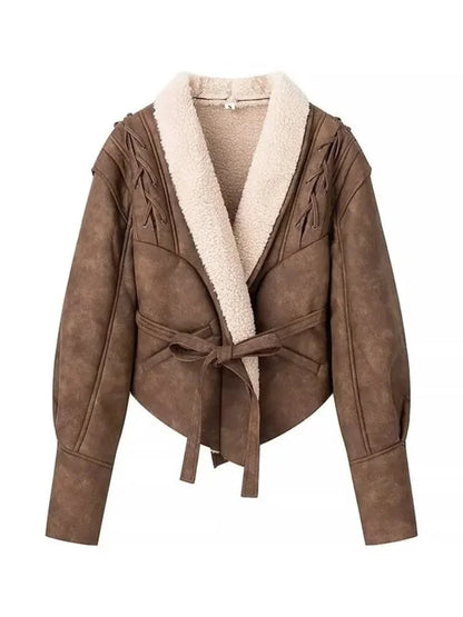 Leather Jackets Women's With Belt Fur Coat Streetwear Fashion Solid Outwear Woman Elegant Jackets Chaqueta De Cuero Para Mujer