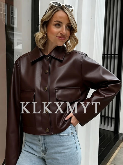 Women's Leather Jacket 2025 Autumn Winter New Fashion Women Long Sleeve Zipper Jackets Women High Street Elegant Short Coats