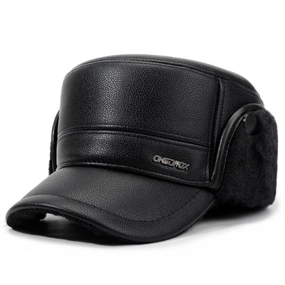 Mens Leather Flat Top Baseball Cap Warm Ear Hat for Elderly in Autumn Winter Thickened Fleece-lined Cold Cap