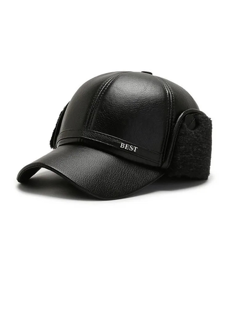 Men's Casual Cuffed Soft Leather Baseball Cap for Middle-Aged and Elderly, Warm for Winter