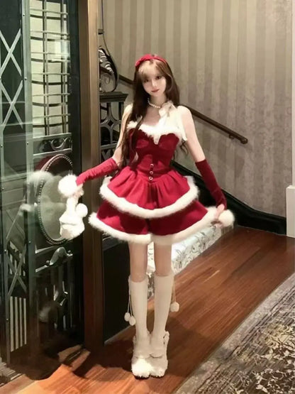 Winter Christmas Sweet 2 Piece Set Women Design Faux Fur Cape Coat + Short Party Dresses Japanese Fashion Elegant Kawaii Outfits