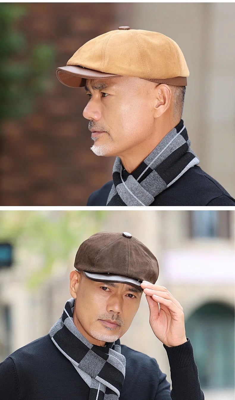 New Autumn Winter Natural Genuine Leather Caps For Men Suede Cowhide Leather Warm Berets Women's Hats British Fashion Golf Cap