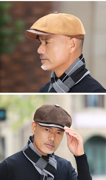 New Autumn Winter Natural Genuine Leather Caps For Men Suede Cowhide Leather Warm Berets Women's Hats British Fashion Golf Cap