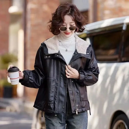 2025 Winter Leather Jacket Women Add-velvet Thicken Warm Coats Loose Hooded Short Jackets Streetwear Windproof Leather Outerwear