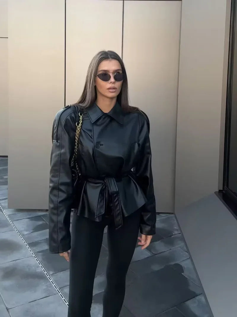 2026 Autumn Winter New Fashion Belt Leather Jacket Coats Women Long Sleeve Windbreaker Black Coat Female Streetwear Leather Coat