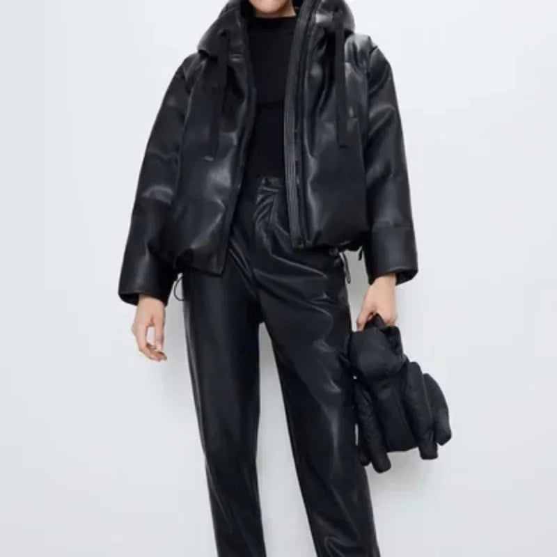 PU Leather Parkas Women Fashion Hooded Faux Leather Coats Women Elegant Zipper Cotton Jackets Female Ladies