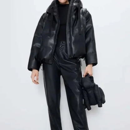 PU Leather Parkas Women Fashion Hooded Faux Leather Coats Women Elegant Zipper Cotton Jackets Female Ladies