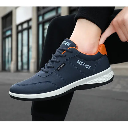 Artificial Leather Men's Casual Shoes Spring Men's Casual Lightweight Sports Shoes Lace Up Flat Shoes Breathable Outdoor Jogging
