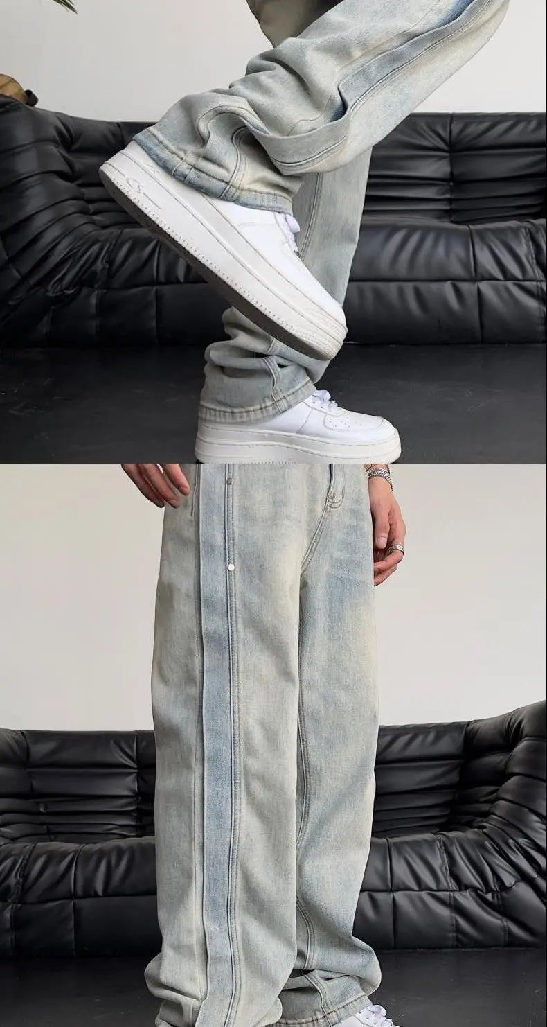 Jeans for Men Loose Light Blue Baggy Straight Man Cowboy Pants Punk Spliced Y2k Vintage Trousers 2025 Korean Autumn Trend Cotton