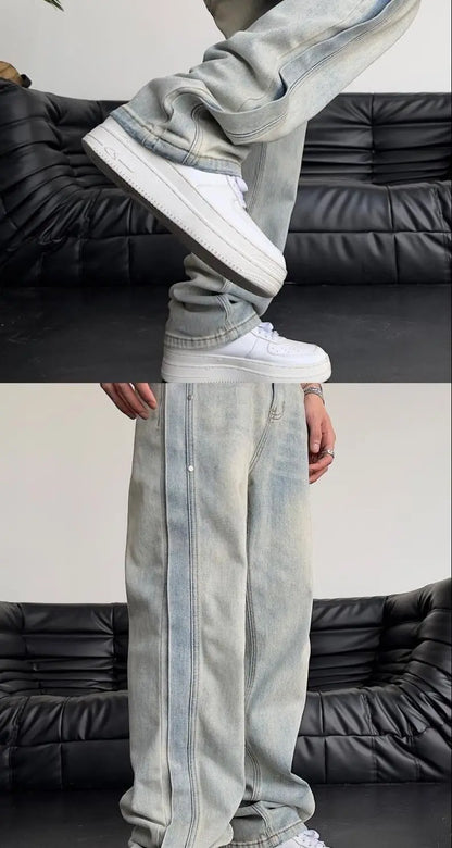 Jeans for Men Loose Light Blue Baggy Straight Man Cowboy Pants Punk Spliced Y2k Vintage Trousers 2025 Korean Autumn Trend Cotton