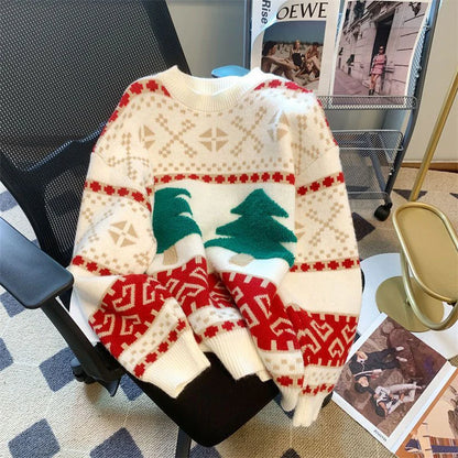 Sweet Christmas Tree Red Sweater Women Long Sleeve O Neck Cute Knit Pullover Harajuku Y2K Preppy Style Casual Lazy Jumper