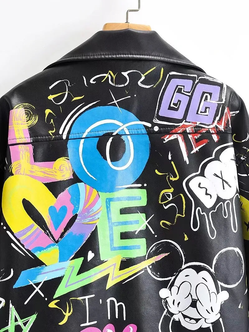 Fashion Brand Coat PU Leather Jacket Women Colorful Print Graffiti Soft Punk Coats Slim Locomotive Cropped Jacket Leather Top 1