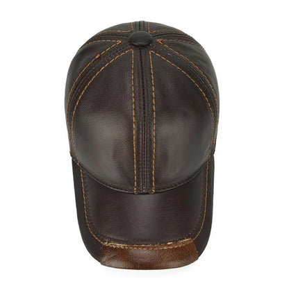 Men Real Cowhide Leather Earlap Caps Male Fall Winter 100% Real Cow Leather Hats New Casual Real Leather Outdoor Baseball Cap