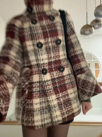 Autumn Winter Chic Coat Warm Checkered Turtleneck Shoulder Straight Coat Women Double Breasted Full Sleeve Middle Long Coat Lady
