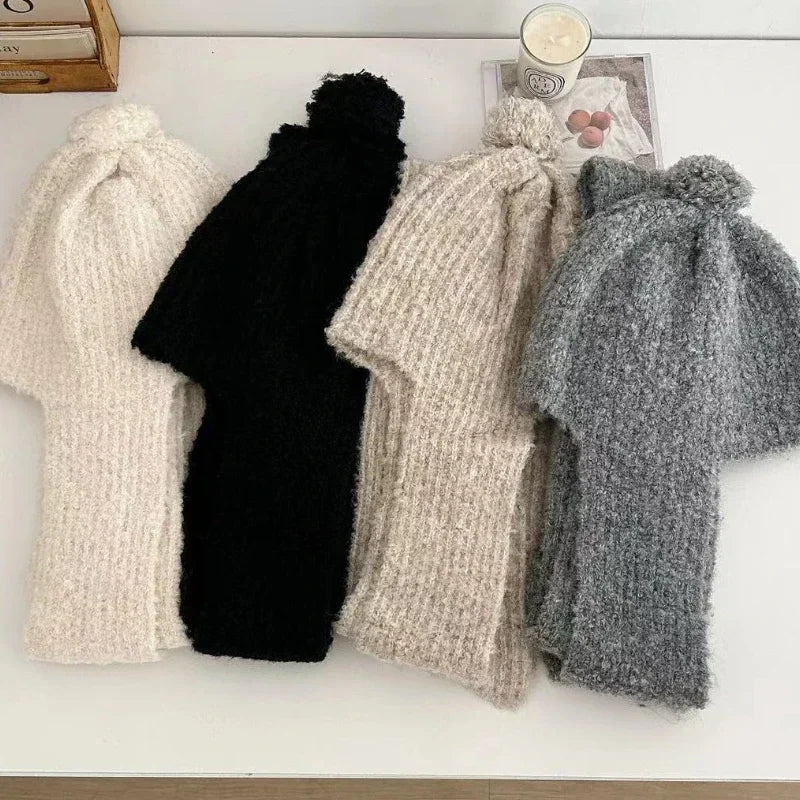 Winter Sweet Girl's Must-have - Wool Blend Beanie with Scarf and Shiny Furball