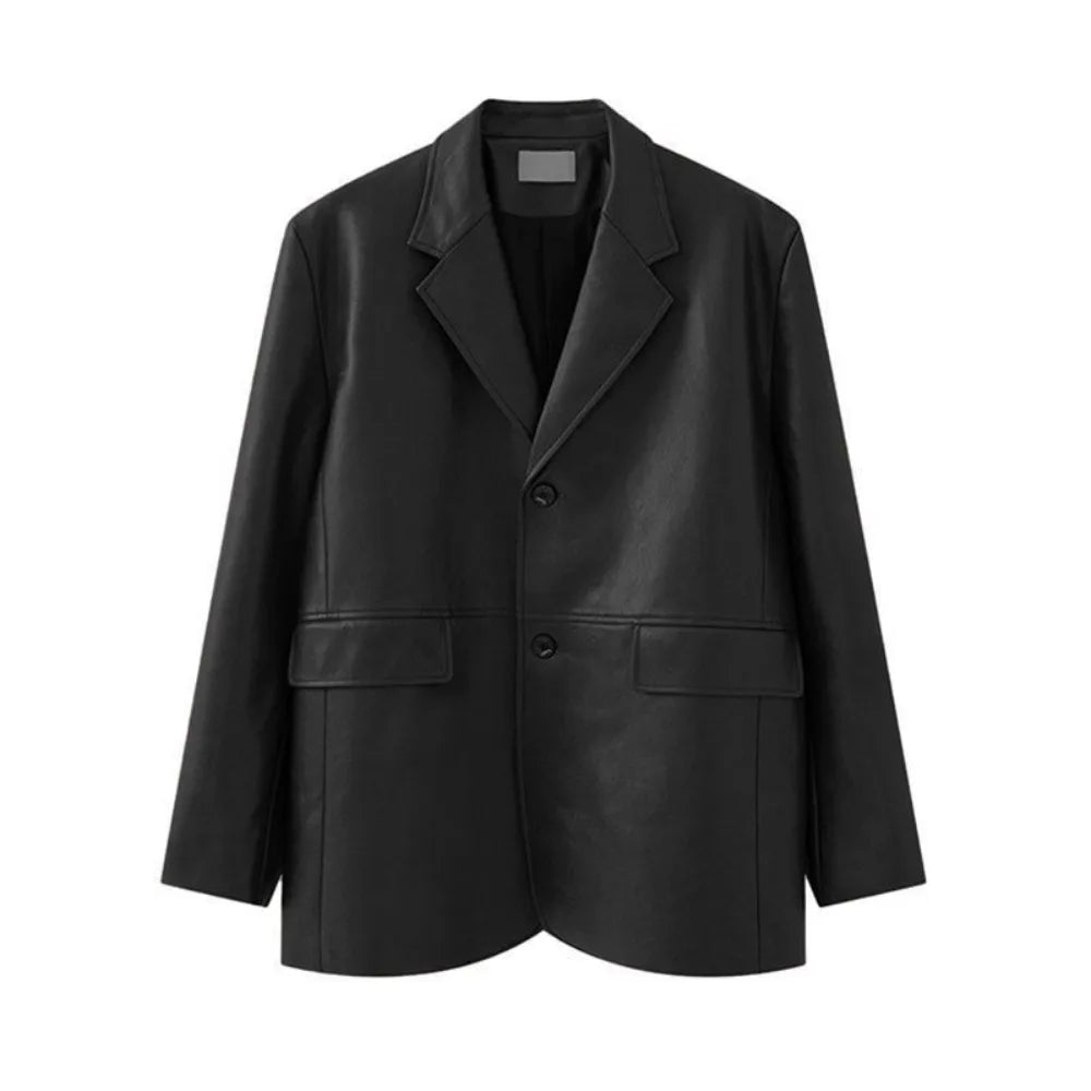 Fashion Lapel Collar Leather Jacket Women Outerwear Korean Chic Vintage PU Coats Loose Retro Suit Leather Jacket Autumn/Winter