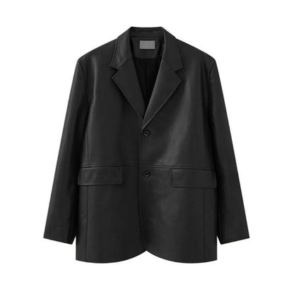 Fashion Lapel Collar Leather Jacket Women Outerwear Korean Chic Vintage PU Coats Loose Retro Suit Leather Jacket Autumn/Winter