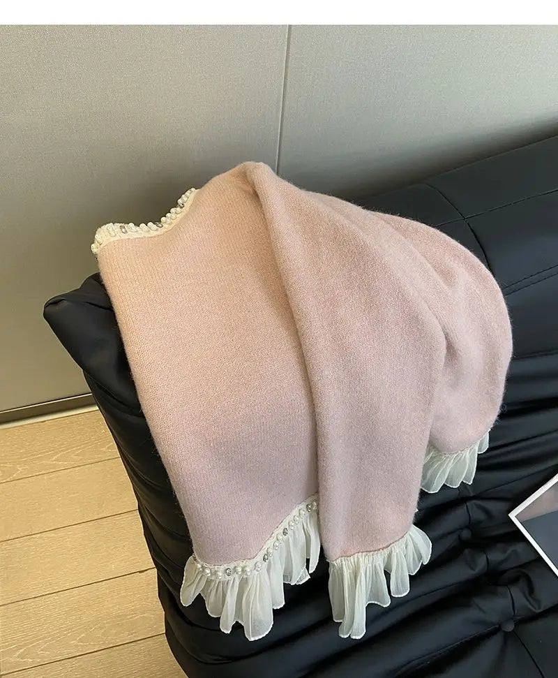 New Winter Sweet Loose Beaded Ruffled Pink Sweater for Women Fashion Versatile Casual and Elegant Knitted Sweater