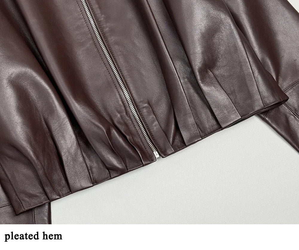 Natural Leather jacket For Women Lambskin Bomber Biker Jacket Long Sleeves 100% Sheepskin Leather Coat  Folded Short Tops Woman