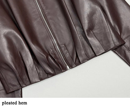 Natural Leather jacket For Women Lambskin Bomber Biker Jacket Long Sleeves 100% Sheepskin Leather Coat  Folded Short Tops Woman