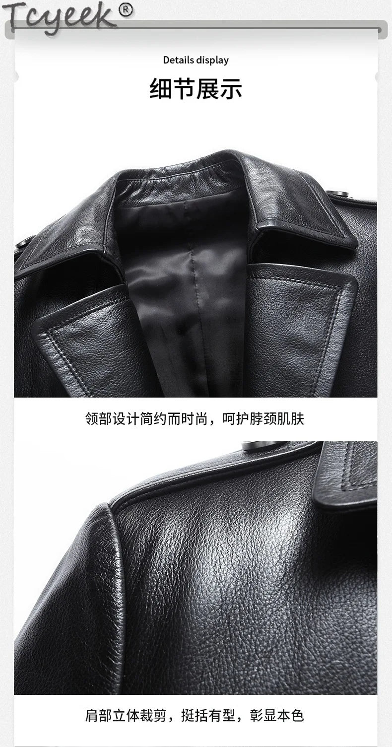 Tcyeek Real Cowhide Genuine Leather Man Jackets Mid-length Trench Coat Spring Autumn Suit Jacket Men Clothing Jaqueta De Couro