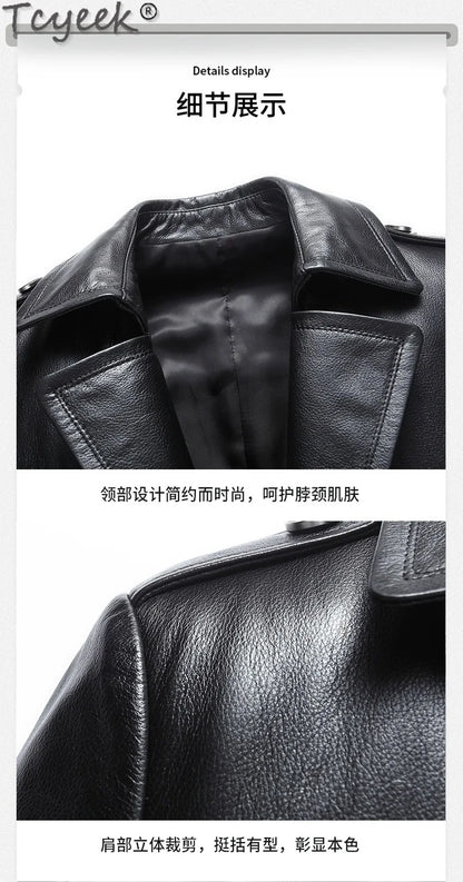 Tcyeek Real Cowhide Genuine Leather Man Jackets Mid-length Trench Coat Spring Autumn Suit Jacket Men Clothing Jaqueta De Couro