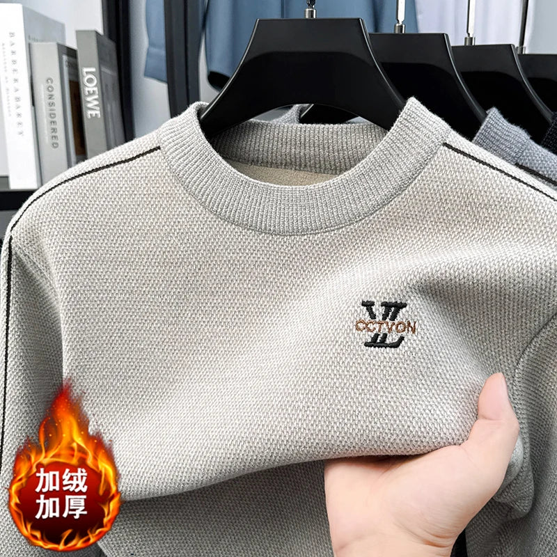 Winter 2025 Men's Sweater with Fleece and Mink Fur for Middle-aged Warmth, Integrated Fleece Base, Embroidered Round Neck Top