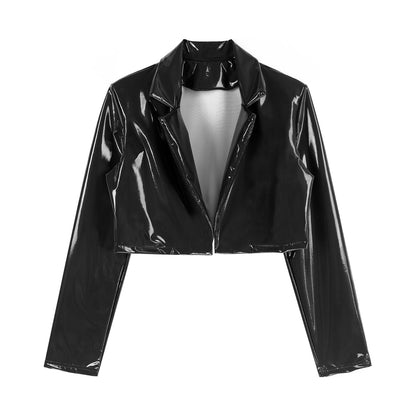 Mens  Lapel Patent Leather Jacket Patent Leather Motorcycle Coats Jackets Wet Look Long Sleeve Cropped Coat Rave Party Clubwear