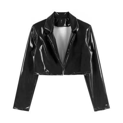 Mens Wet Look Long Sleeve Latex Cropped Coat Pole Dance Rave Cosplay Party Clubwear Lapel Patent Leather Jacket Motorcycle Coats