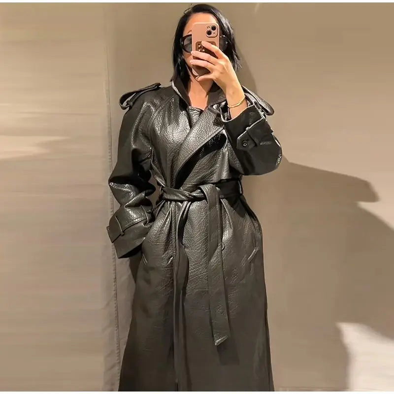 Elegant Women's Double Breasted Long Leather Coat With Belt Lapel Full Sleeve Pockets Jacket 2025 Autumn Winter Lady Outwear New