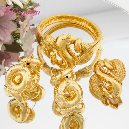 Fashion Jewelry Set for Women Large Hoop Earrings and Bangle Ring Weddings Bride Trendy Bracelet and Earrings Jewelry Set