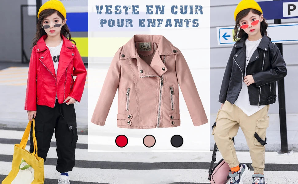 Retro Children's Leather Jacket,Boys Transition Coat,Kids PU Locomotive Wear,Faux Leather Outerwear,Girls Motorcycle Outfits