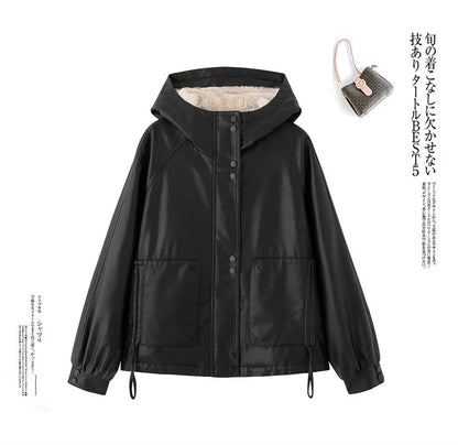 2025 Winter Leather Jacket Women Add-velvet Thicken Warm Coats Loose Hooded Short Jackets Streetwear Windproof Leather Outerwear