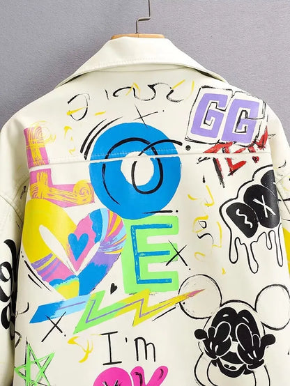 Fashion Brand Coat PU Leather Jacket Women Colorful Print Graffiti Soft Punk Coats Slim Locomotive Cropped Jacket Leather Top 1