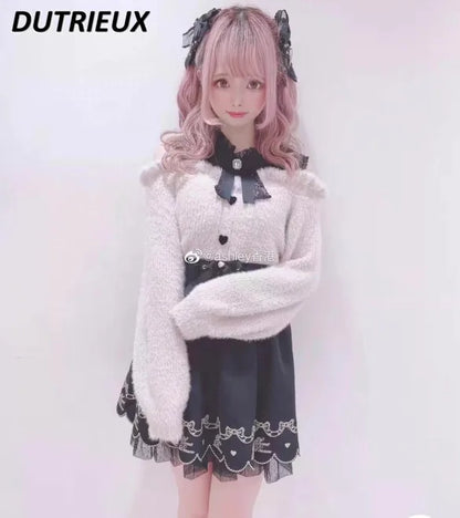 Sweet Lolita Winter Clothes Women Off Shoulder Sweater Pullover Student Elegant Long Sleeve Knitwear Bow Lace Waist Slim Sweater