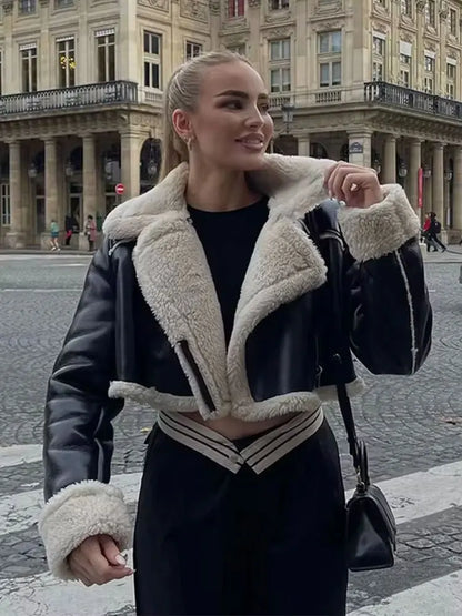 Winter Coat For Women 2024 Black Lapel Long Sleeves Female Zipper Short Jackets Top Streetwear Woman New In OuterCoat