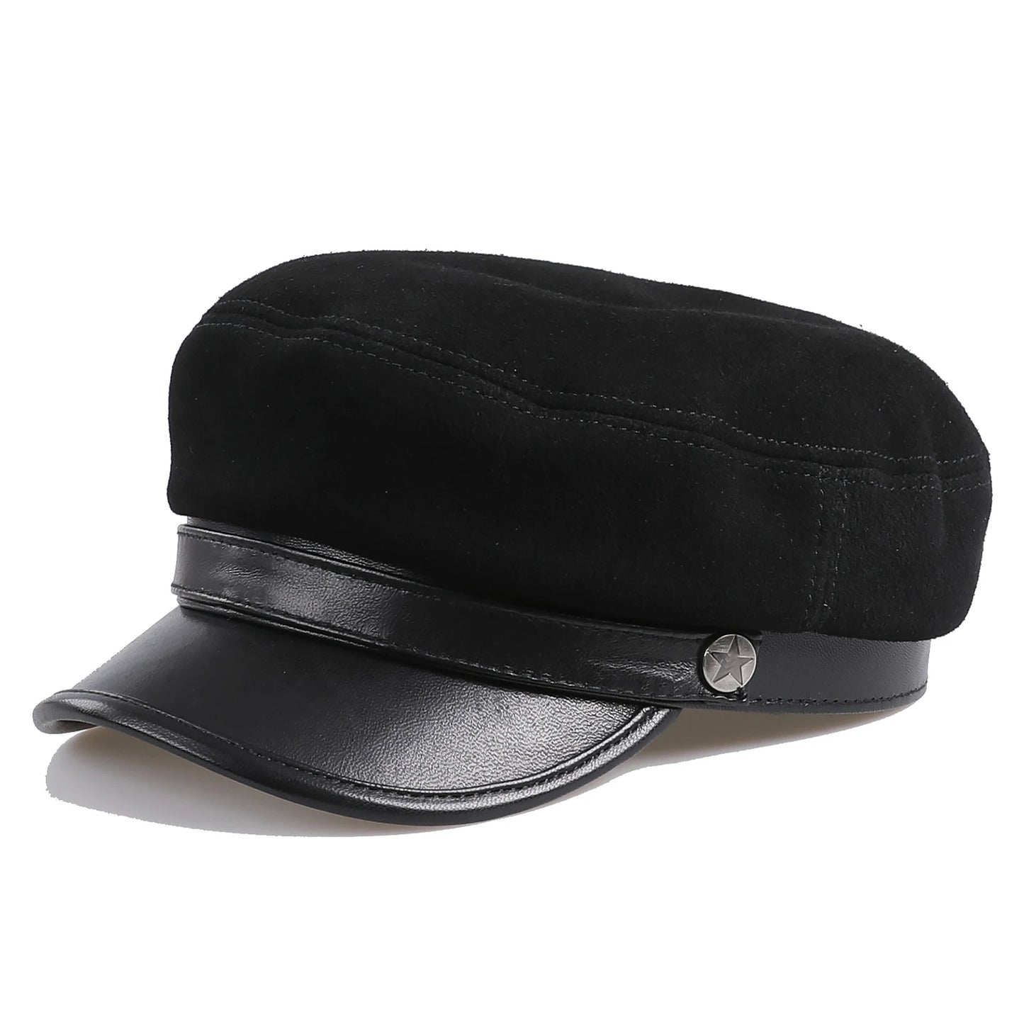 BOONJOVIA 100% Genuine Suede Leather Unisex Classic British Flat Top Cap-Military Army Style Sailo Hat-Breton Fiddler Hat