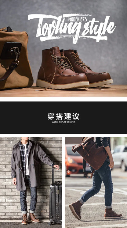 Genuine Leather Men's Boots Vintage Tooling Boots Man Short Boot Rhubarb Boots Men's High Top Men's Shoes Leather