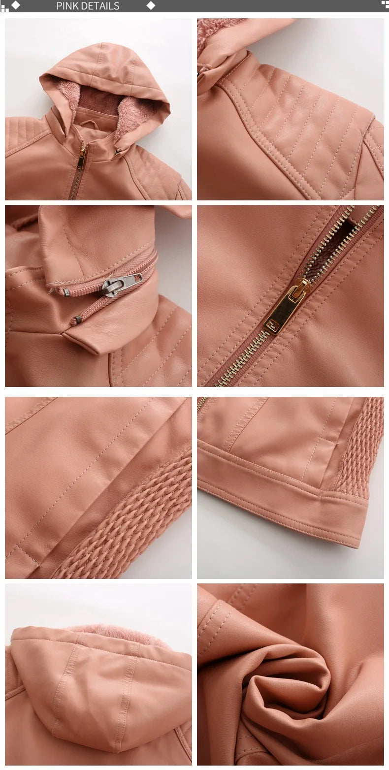 Faux Leather Women Coat Hooded Full Sleeve Slim Fit Solid Sexy Regular Jackets Zipper Casual Splice Coats Thick Warm Jacket
