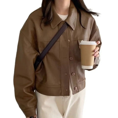Fashion Lapel Collar Leather Jacket Women Outerwear Retro Vintage PU Coats Korean Chic Windbreaker Jackets Autumn/Winter