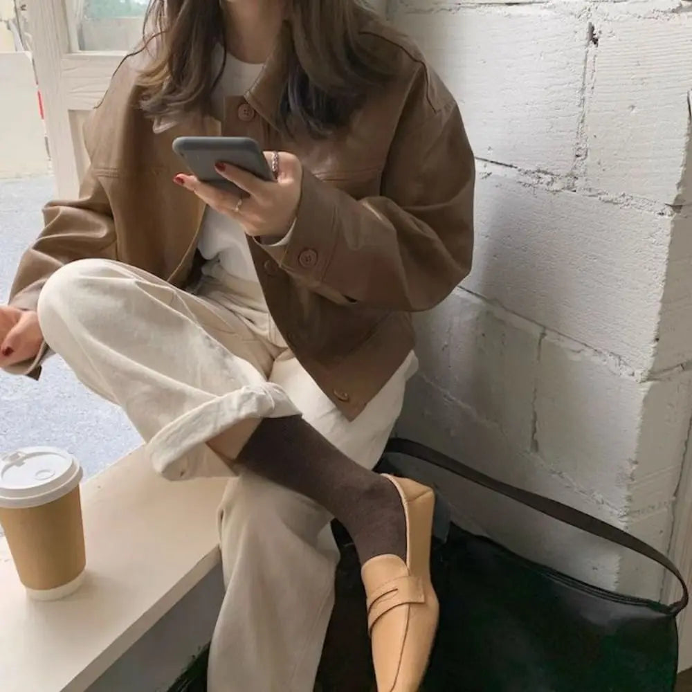 Sweet Lapel Collar Leather Jacket Women Outerwear Korean Chic Vintage PU Coats Retro Windbreaker Jackets Streetwear