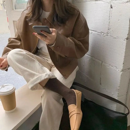 Sweet Lapel Collar Leather Jacket Women Outerwear Korean Chic Vintage PU Coats Retro Windbreaker Jackets Streetwear
