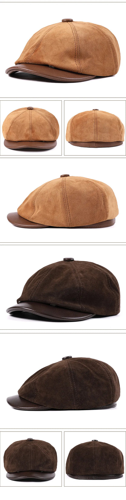 New Autumn Winter Natural Genuine Leather Caps For Men Suede Cowhide Leather Warm Berets Women's Hats British Fashion Golf Cap