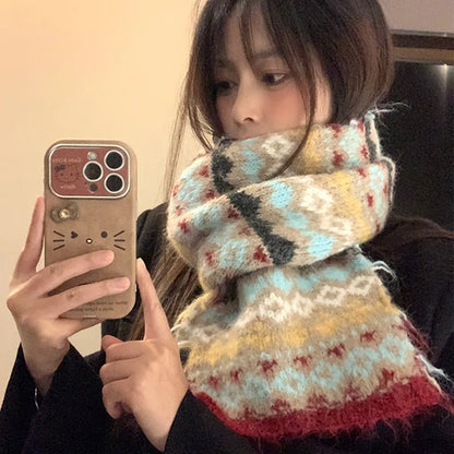 Women's Winter Scarf Sweet Style Warm Scarf Knitted Wool Scarf  Winter High End Retro Thickened Warm Woolen Scarf Fashion Scarf