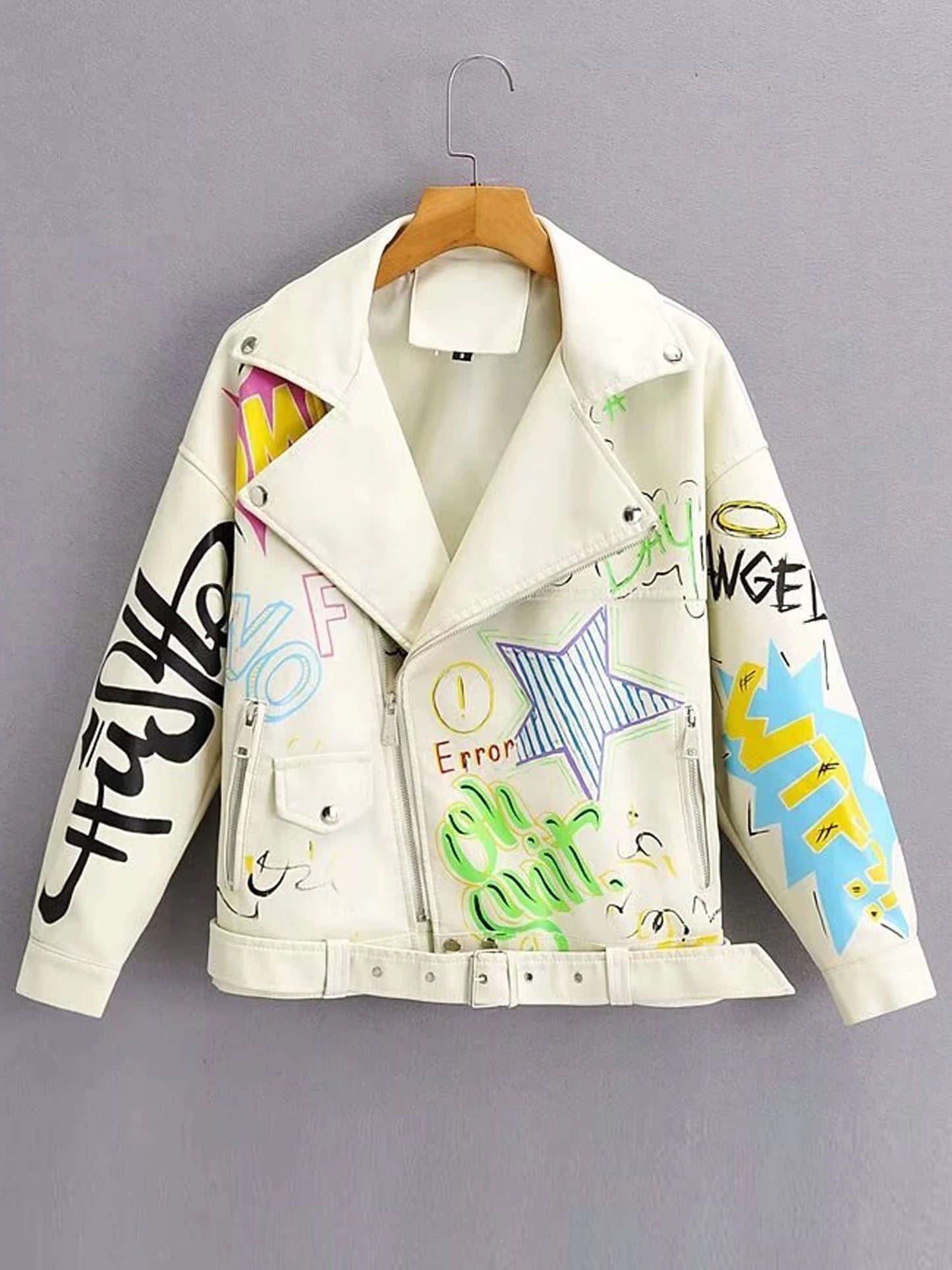 Fashion Brand Coat PU Leather Jacket Women Colorful Print Graffiti Soft Punk Coats Slim Locomotive Cropped Jacket Leather Top 1